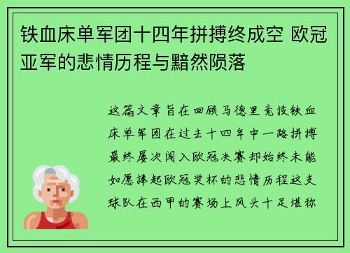 铁血床单军团十四年拼搏终成空 欧冠亚军的悲情历程与黯然陨落